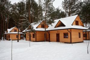 a group of wooden cabins in the snow at Sosnowa Osada in Cieszanów