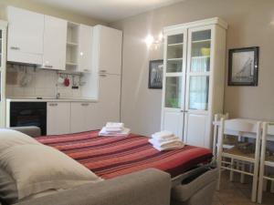 チンクアレにあるIl Palco residenceのリビングルーム(ベッド1台付)、キッチンが備わります。