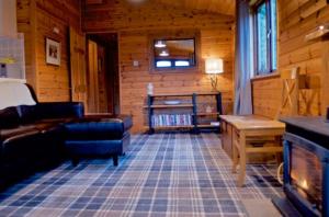a living room with a fireplace in a log cabin at Caol Gleann Lodge in Rowardennan