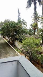 a view of a street with palm trees and a building at Ubatuba Apartamento Maurilio in Ubatuba