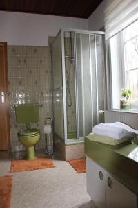 La salle de bains est pourvue d'une douche et de toilettes vertes. dans l'établissement Tödter, à Soltau