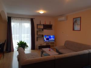 uma sala de estar com um sofá e uma televisão em Apartmani Marina & Ana em Porec