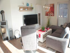 a living room with a couch and a flat screen tv at Ferienwohnung Silbermöwe im Kirschgarten 1 in Kellenhusen