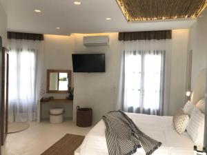 a bedroom with a bed and a television on the wall at Parian Boutique Hotel in Naousa