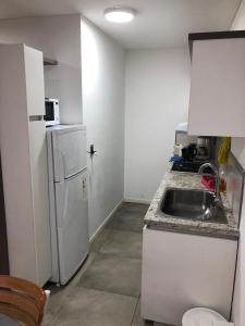 una pequeña cocina con fregadero y nevera. en Residencia Pasco en Rosario