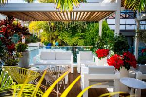 a patio with white chairs and tables and plants at Vanilla Garden Boutique Hotel - Adults Only in Playa de las Americas