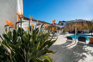 un complexe hôtelier avec piscine, quelques chaises longues et des fleurs dans l'établissement Maris Vama Veche, à Vama Veche