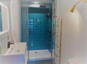 y baño con ducha y lavamanos. en Appartement spacieux avec une vue sur Tours ( 38m²) -Gite de Bellevue, en Tours