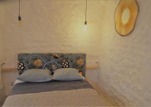 トゥールにあるAppartement spacieux avec une vue sur Tours ( 38m²) -Gite de Bellevueの枕が2つと鏡が付いたベッドのある寝室