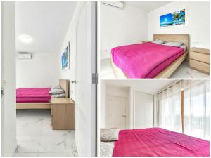 a bedroom with white walls and a pink bed at Apartmento Parque Royale I in Adeje