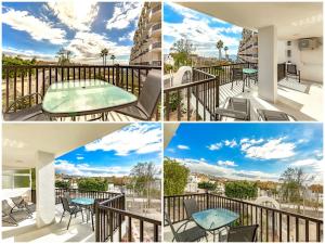 a collage of photos of a balcony with a table and a pool at Apartmento Parque Royale I in Adeje