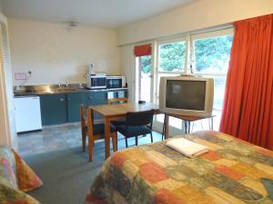 een slaapkamer met een bed en een tafel met een televisie bij Park Lodge Motel in Te Awamutu