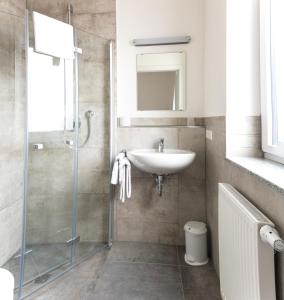 a bathroom with a sink and a shower at Grüner Baum in Langenau