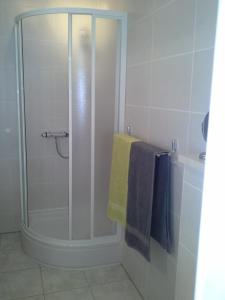a bathroom with a shower and towels on a wall at Villa Delfin in Sutivan