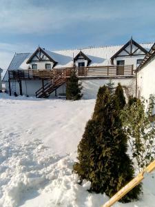 a house with a christmas tree in the snow at Apartament ogrodowy in Rydzewo