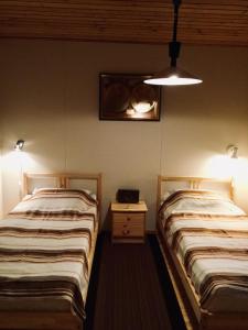 two beds sitting next to each other in a room at Mannimaatila Uni Lux in Punkaharju