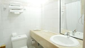 a bathroom with a sink, toilet and mirror at Hotel Diego de Almagro Santiago Centro in Santiago