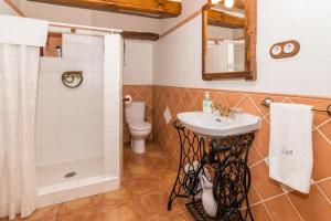 a bathroom with a sink and a shower and a toilet at Casa rural Rosa in La Fresneda +34 photos