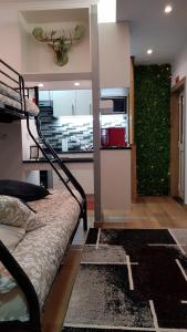 a living room with a bed and a kitchen at Ninho 0.1 in Vila Nova de Gaia