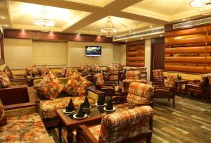 a waiting room with couches and chairs and a television at Hotel WJ Grand in Jalandhar