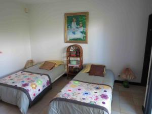 a bedroom with two beds and a painting on the wall at Villa 'Florence' avec longue piscine et vue mer panoramique in Saint-Gilles les Bains