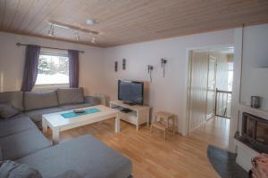 ein Wohnzimmer mit einem Sofa und einem TV in der Unterkunft Fjelltun 12-Sengs in Trysil