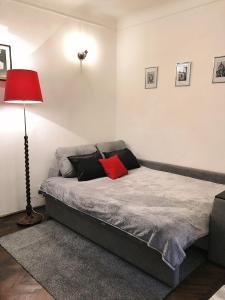 リヴィウにあるАпартаменты старого Львоваのベッドルーム1室(赤い枕付きのベッド1台付)