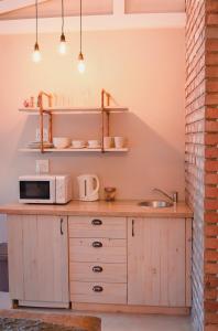 uma cozinha com um balcão com um micro-ondas e um lavatório em Figberry Guestrooms em Bloemfontein