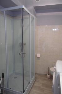 y baño con ducha y puerta de cristal. en Appartement Paisible en Briançon