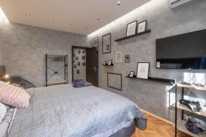 een slaapkamer met een bed en een flatscreen-tv bij Sofia Dream Apartment - Designer Two Bedroom Two Bathroom on Hristo Botev in Sofia