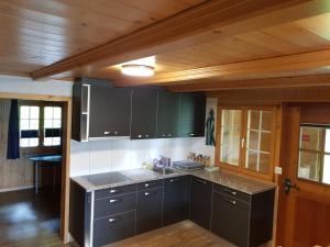 cocina con armarios grises y encimera en Alpenlodge, en Willigen