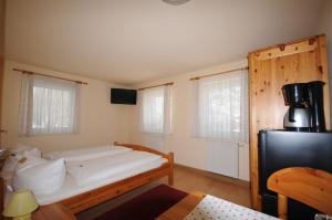 - une chambre avec un lit et une télévision dans l'établissement Pension Klette, à Kurort Oybin