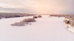 un campo cubierto de nieve con árboles a lo lejos en Riverside luxury suites, en Rovaniemi