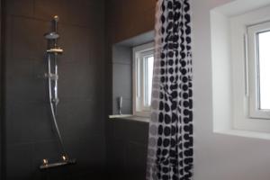 y baño con ducha y cortina de ducha. en Slettestrandvej Apartment - Slettestrandvej 130 nr. 7 - ID 627, en Slettestrand