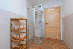 prysznic ze szklanymi drzwiami w łazience w obiekcie Appartement Einödberg w mieście Mittersill