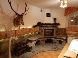 a living room with a stone fireplace and a deer head on the wall at Polakówka in Poronin