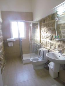 uma casa de banho com um chuveiro, um WC e um lavatório. em Valley View Hotel - Hammana em Ḩammānā
