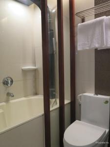 a bathroom with a white toilet and a bath tub at Eurotel Angeles in Angeles