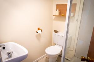 a white bathroom with a toilet and a sink at Common Farm Motel in Stafford