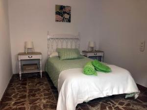 a bedroom with two beds with green sheets and two tables at Home Sancle in San Clemente