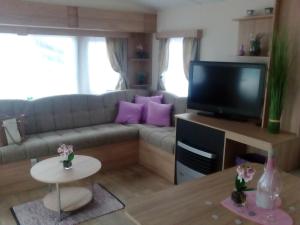 a living room with a couch and a tv at Mobilheime in Klaffer am Hochficht