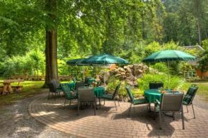 a patio with green tables and chairs and umbrellas at Kurpark Flair Hotel Im Ilsetal in Ilsenburg