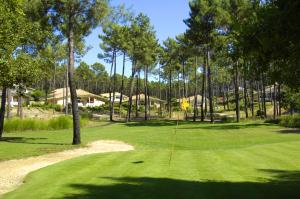 a golf course with a hole in the grass and trees at Résidence Lagrange Vacances Villas Eden Club in Lacanau-Océan