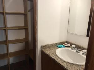 a bathroom with a sink and a mirror at HOSTERÍA SAJONIA in Villa Gesell