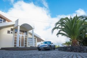 um carro estacionado em frente a uma casa com uma palmeira em Apartments Madeira no Caniço