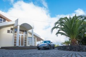 un coche aparcado frente a una casa con una palmera en Apartments Madeira, en Caniço