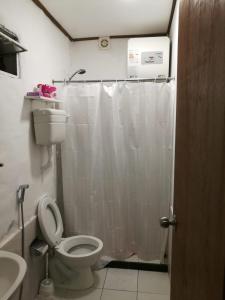 a bathroom with a toilet with a shower curtain at Casa en Alquiler in Piriápolis