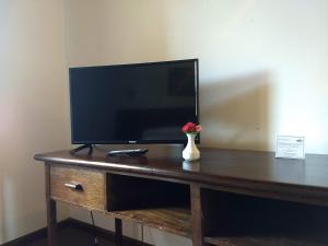 TV de pantalla plana sobre una mesa de madera en Villa de Merlo All Inclusive & Spa by MH en Merlo