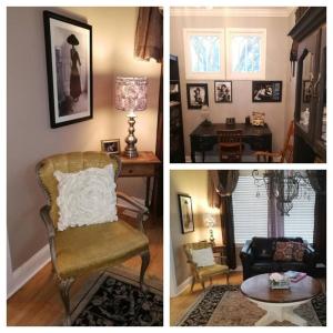 three pictures of a living room with a chair and a table at Charles Street Vacation Home in Lethbridge