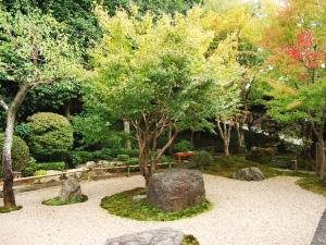 un jardín con una roca, un árbol y árboles en Ryokan Shinsen, en Takachiho